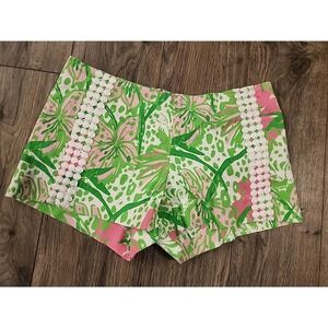 Lilly Pulitzer Liza Shorts Cotton Lace Green Floral Zip Size 0 Beach Cruise